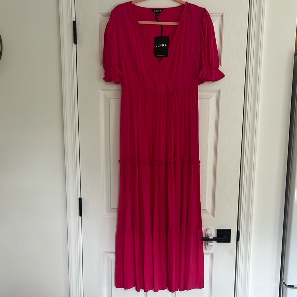 Pink Pleated Tiered Maxi Dress with Puff Sleeves
